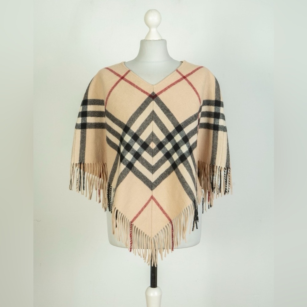 Burberry London Lamba Wool Nova Check Scarf Poncho Plaid Tan Black Red Fringe